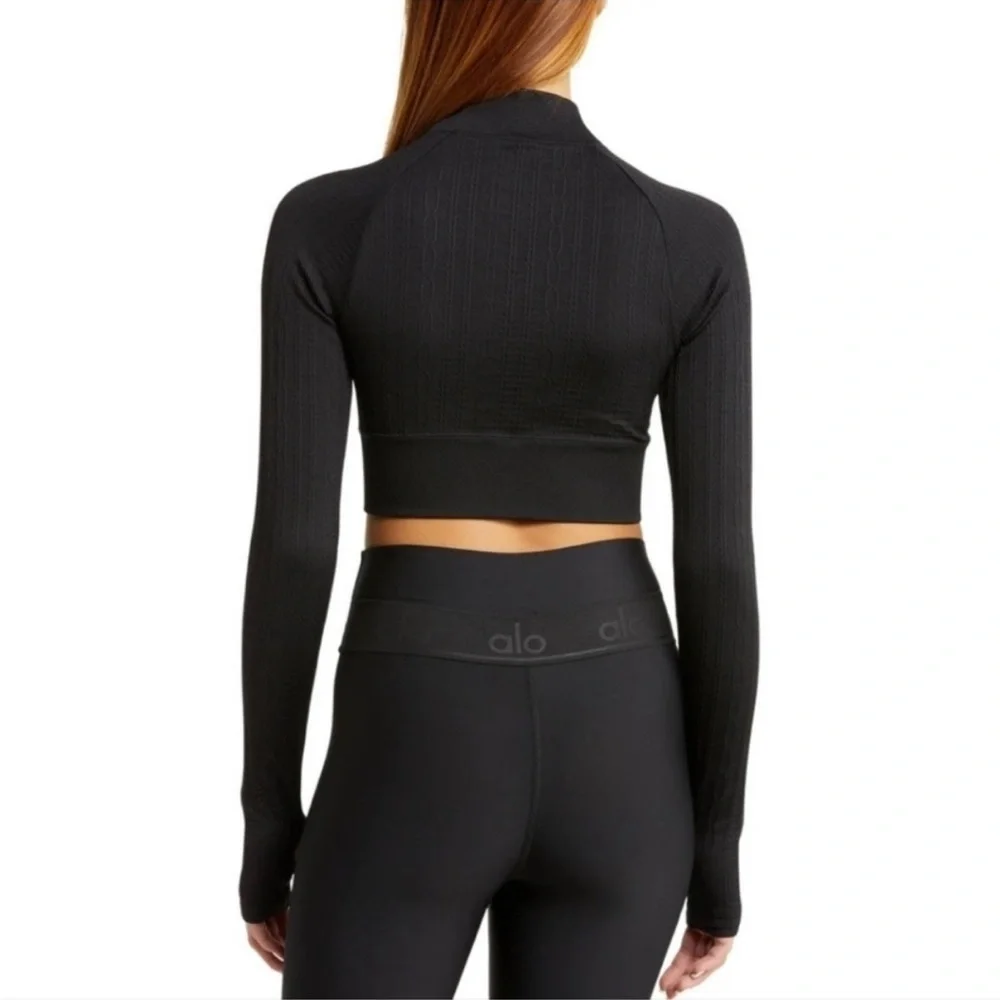 Alo Yoga Seamless Cropped Cable Knit Long Sleeve Top In Black L NWOT  HTF
